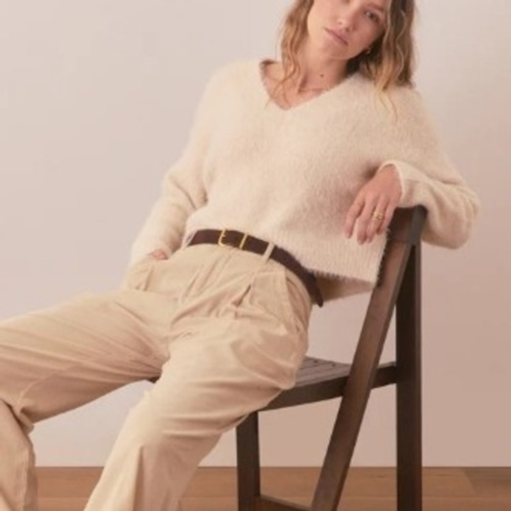 Marine Layer NEW Women's‎ XL Teddy Eyelash V-Neck Sweater Champagne Wool Blend